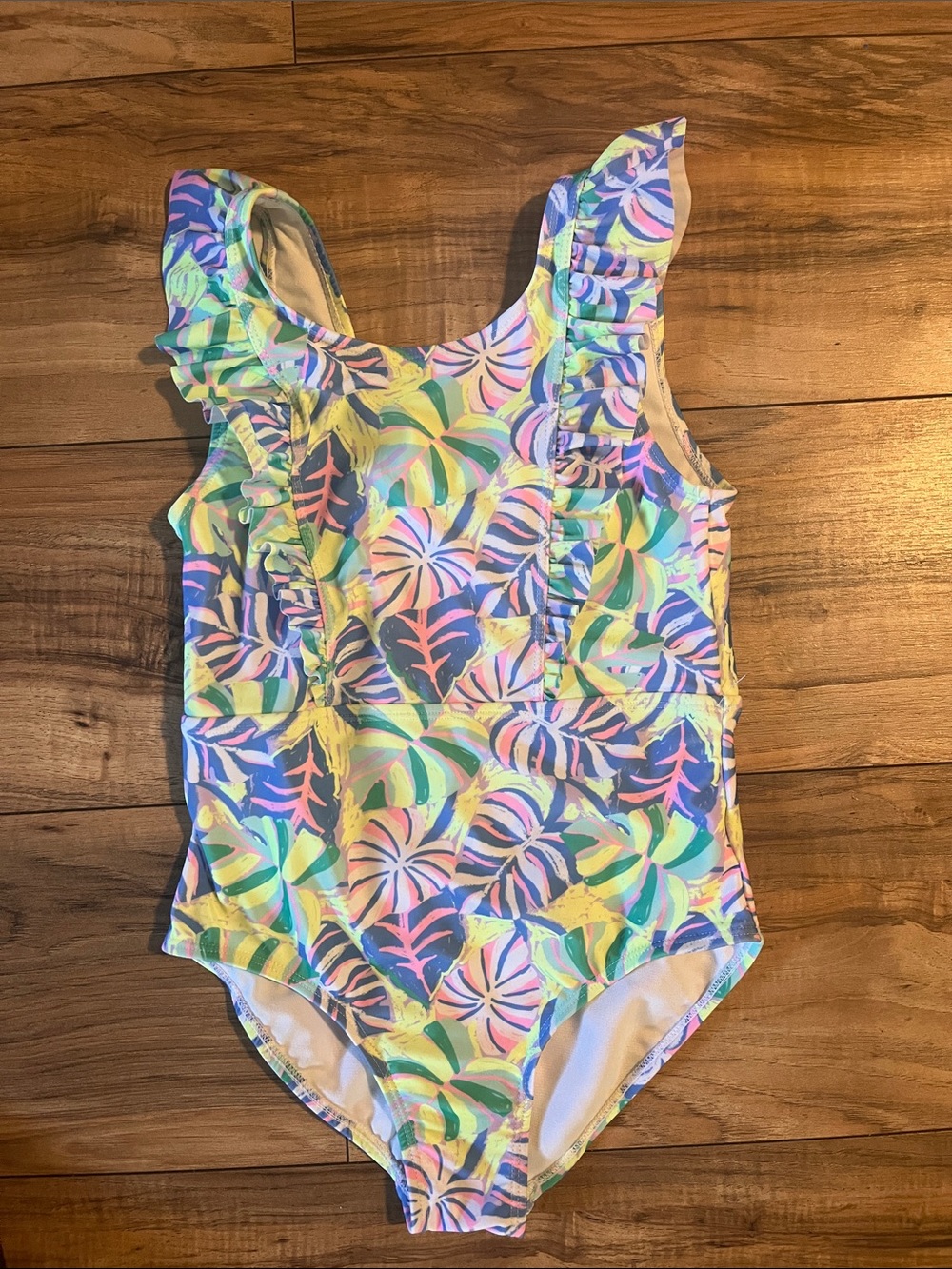 Girls' Pastel Tropical Ruffle One-Piece Swimsuit - Multicolor